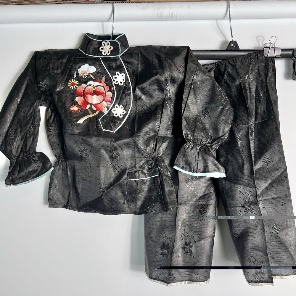 Vtg Bell Brand Childs Black‎ Chinese Costume Jacket Pants Embroidered Set **READ